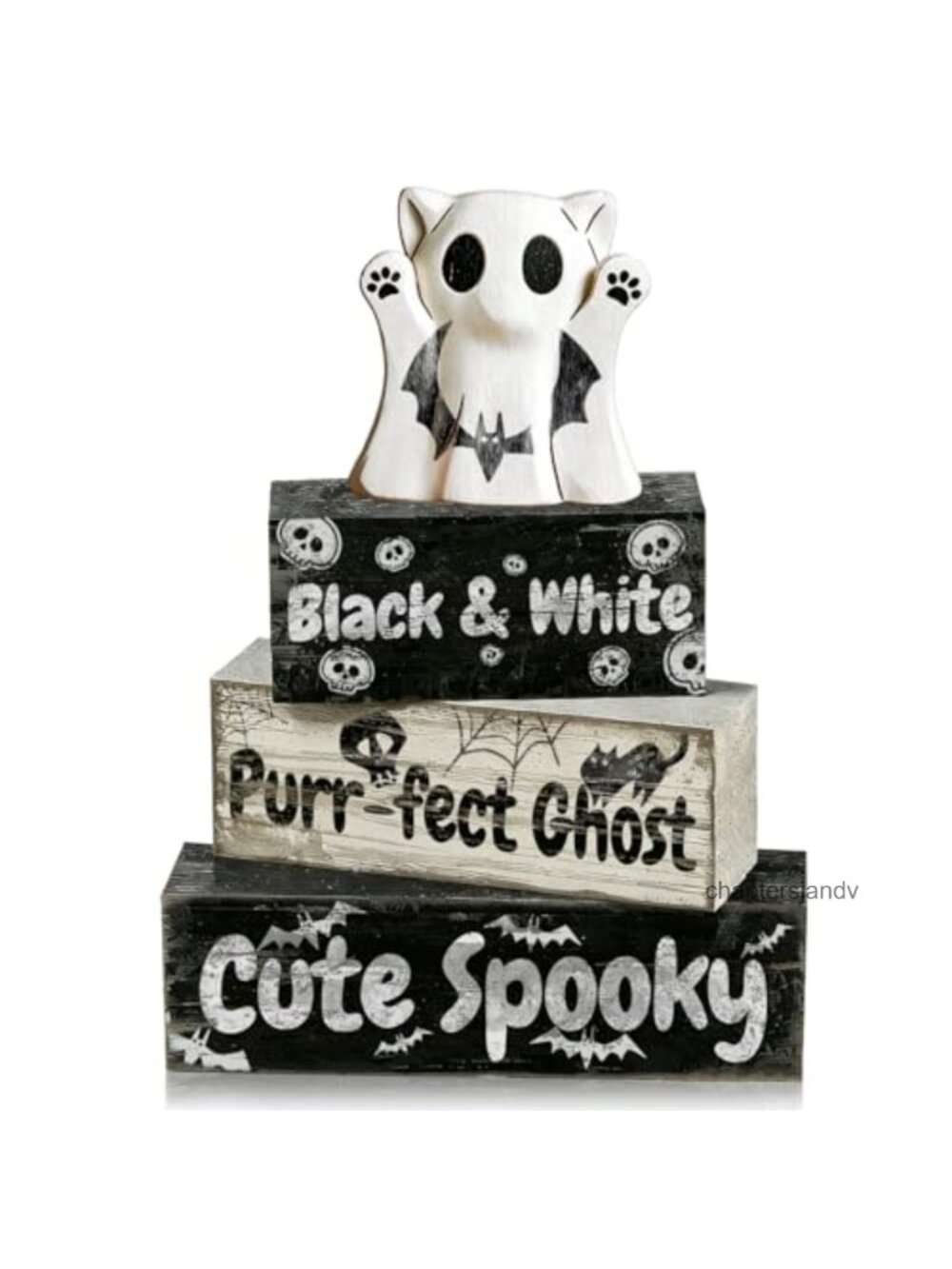 Rustic Wooden Ghost Cat Halloween Decor Set of 4 Tabletop Signs